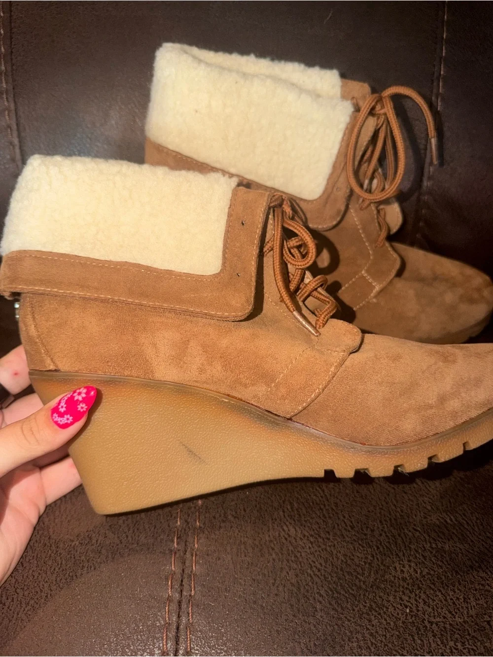 Women’s Tan Suede Wedge Bootie with Shearling Collar